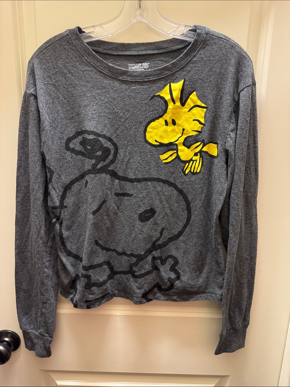 Peanuts Gray Long Sleeve Shirt with Yellow Woodstock & Black Snoopy Outline